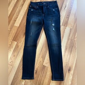 Express Women’s Mid Rise Dark Denim Distressed Skinny Jeans